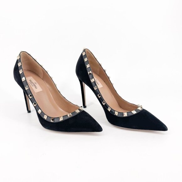 Valentino Rockstud Black Suede Pointed Toe Pumps Heels Shoes Size 37.5 US 7.5 - Picture 1 of 15